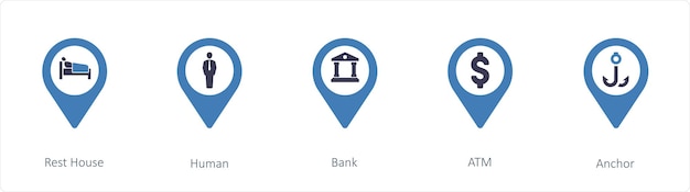 Un conjunto de 5 iconos de ubicación como Rest House Human Bank