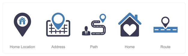 Un conjunto de 5 iconos de ubicación como ruta de dirección de ubicación del hogar