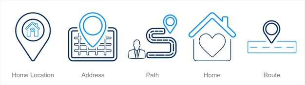 Un conjunto de 5 iconos de ubicación como ruta de dirección de ubicación del hogar