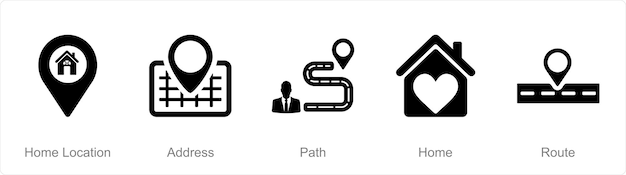 Un conjunto de 5 iconos de ubicación como ruta de dirección de ubicación del hogar