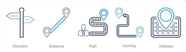Un conjunto de 5 iconos de ubicación como ruta de distancia de dirección