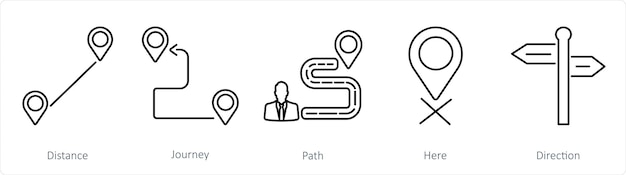 Un conjunto de 5 iconos de ubicación como ruta de viaje de distancia