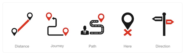 Un conjunto de 5 iconos de ubicación como ruta de viaje de distancia