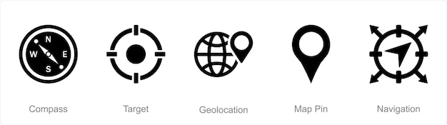 Un conjunto de 5 iconos de ubicación como ubicación geográfica del objetivo de la brújula