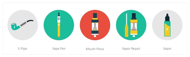 Un conjunto de 5 íconos de vapeo como una pieza de boca de la pluma de vaping de la pipa