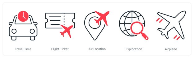 Un conjunto de 5 íconos de verano y viajes como hora de viaje billete de vuelo ubicación aérea