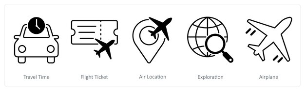 Un conjunto de 5 íconos de verano y viajes como hora de viaje billete de vuelo ubicación aérea