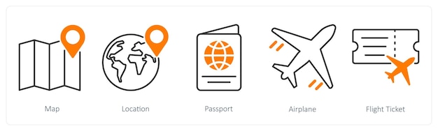 Un conjunto de 5 íconos de verano y viajes como pasaporte de ubicación del mapa