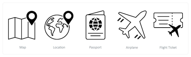 Un conjunto de 5 íconos de verano y viajes como pasaporte de ubicación del mapa