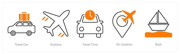 Un conjunto de 5 íconos de verano y viajes como tiempo de viaje en coche o avión