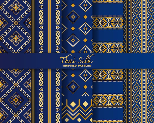 Vector conjunto de 5 patrones de fondo sin costuras coloreados inspirados en la seda tailandesa de estilo noreste