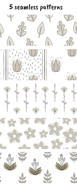 Conjunto de 5 patrones de vector con flores y plantas.