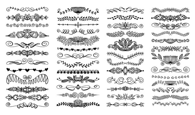 Vector conjunto de 50 elementos de diseño de tarjeta de boda divisor de dibujo de dibujo de garabato o decoración de página