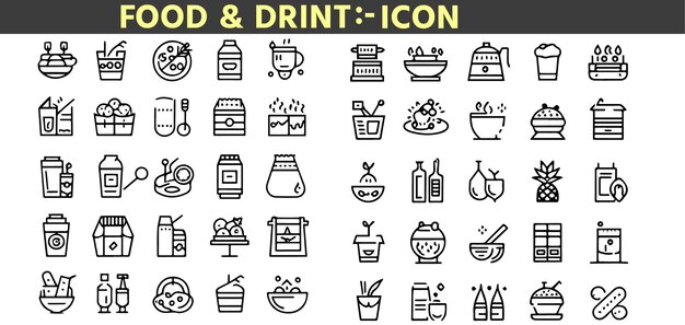 Conjunto de 50 iconos de contorno relacionados con alimentos y bebidas Colección de iconos lineales Vector de trazo editable i