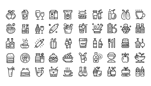 Conjunto de 50 iconos de contorno relacionados con alimentos y bebidas Colección de iconos lineales Vector de trazos editables