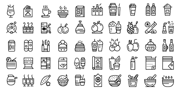 Conjunto de 50 iconos de contorno relacionados con alimentos y bebidas Colección de iconos lineales Vector de trazos editables