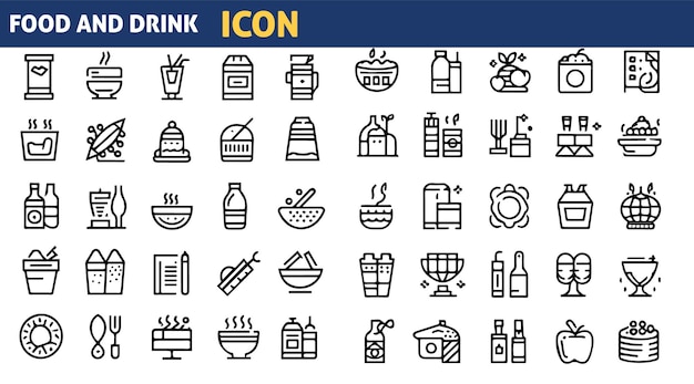 Conjunto de 50 iconos de contorno relacionados con alimentos y bebidas Colección de iconos lineales Vector de trazos editables