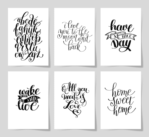 Conjunto de 6 carteles de citas inspiradoras positivas con letras escritas a mano sobre la vida en formato a4 moderno