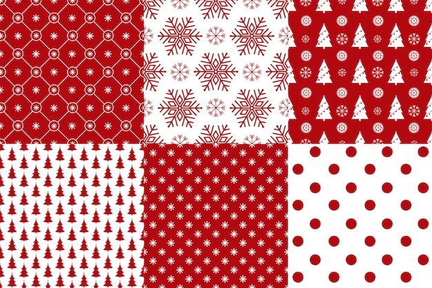 Conjunto de 6 colores rojo y blanco de patrones sin fisuras de navidad.