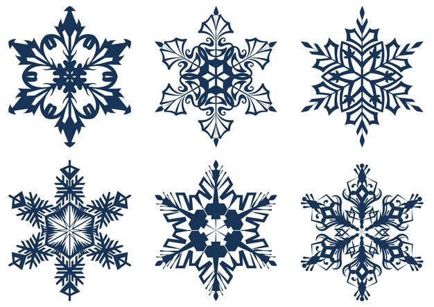 Conjunto de 6 copos de nieve azules. Aislado en blanco