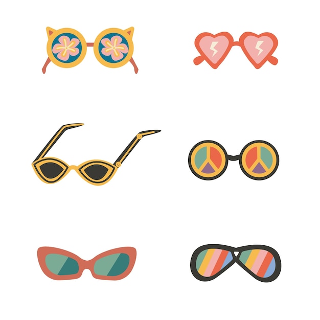 Conjunto de 6 gafas de sol retro ilustración vectorial vintage Vibraciones nostálgicas de los años 70 y 90 para pegatinas de moda