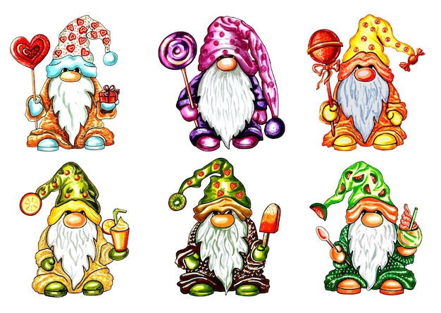 Conjunto de 6 gnomos con dulces Vector EPS ilustración