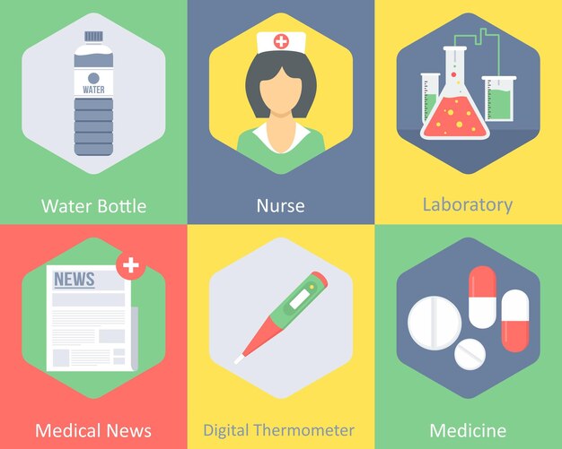 Un conjunto de 6 iconas médicas como botella de agua laboratorio de enfermería
