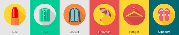 Un conjunto de 6 iconas de ropa como camisa de uñas chaqueta