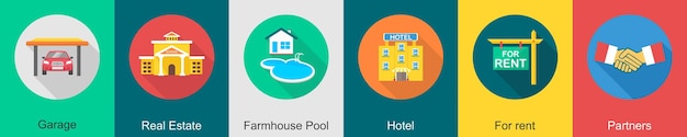 Un conjunto de 6 íconos de bienes raíces como garaje bienes raíces casa de campo piscina
