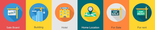 Un conjunto de 6 íconos de bienes raíces como hotel de construcción de tablero de venta