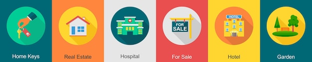 Un conjunto de 6 íconos de bienes raíces como llaves de casa hospital de bienes reales