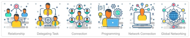Un conjunto de 6 iconos comerciales como relación delegando la conexión de la tarea