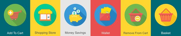 Un conjunto de 6 iconos de compras como agregar al carrito de compras tienda ahorros de dinero