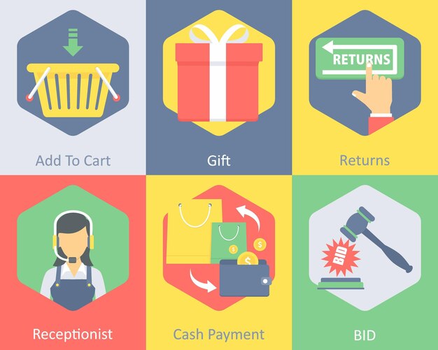 Un conjunto de 6 iconos de compras como agregar a las devoluciones de regalos del carrito