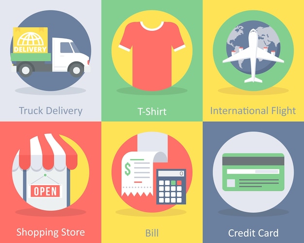 Un conjunto de 6 iconos de compras como la camiseta de entrega de camiones