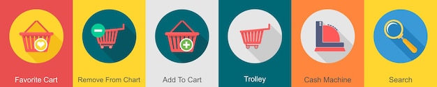 Un conjunto de 6 iconos de compras como carrito favorito eliminar del carrito agregar al carrito