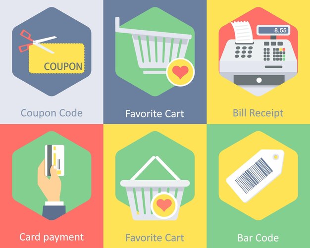 Vector un conjunto de 6 iconos de compras como código de cupón recibo de factura de carrito favorito