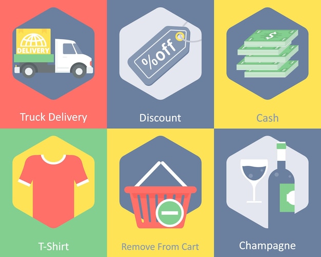 Un conjunto de 6 íconos de compras como descuento en efectivo de entrega de camiones