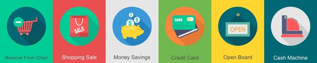 Un conjunto de 6 iconos de compras como eliminar del carrito de compras tienda ahorros de dinero