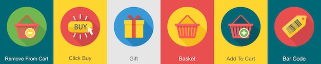 Un conjunto de 6 iconos de compras como eliminar del carrito haga clic en comprar regalo
