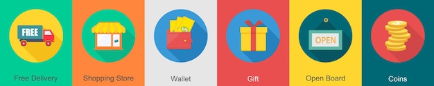 Un conjunto de 6 iconos de compras como entrega gratuita de la billetera de la tienda de compras