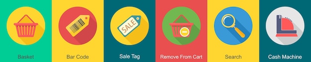 Un conjunto de 6 iconos de compras como etiqueta de venta de código de barras de la canasta eliminar del carrito