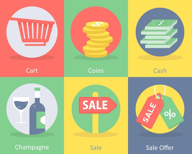 Un conjunto de 6 iconos de compras como monedas de carrito de carrito