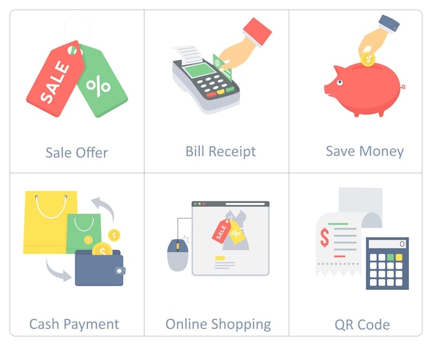 Un conjunto de 6 iconos de compras como pago en efectivo en la factura de compras en línea