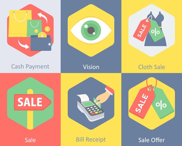 Un conjunto de 6 iconos de compras como pago en efectivo de la venta de telas de visión