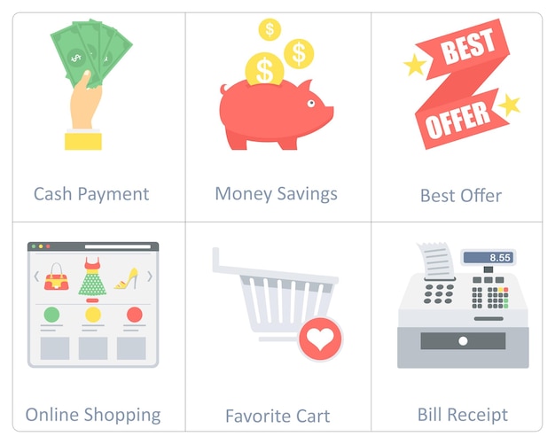 Un conjunto de 6 iconos de compras como el recibo de la factura del carrito favorito de compras en línea