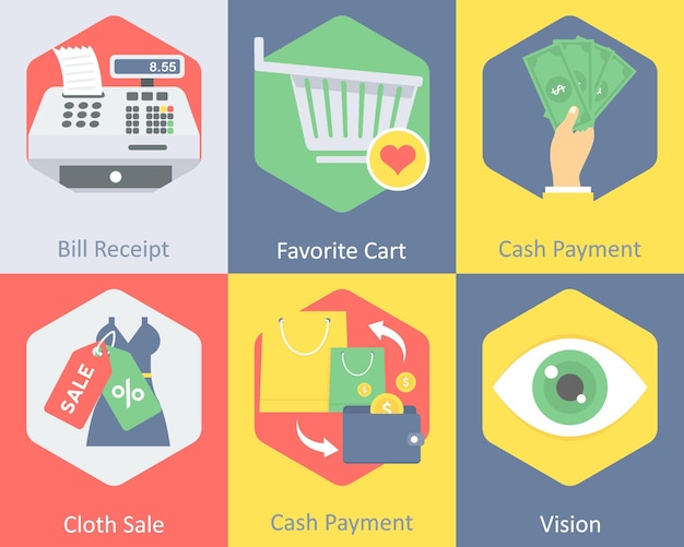 Un conjunto de 6 íconos de compras como recibo de factura favorito de pago en efectivo
