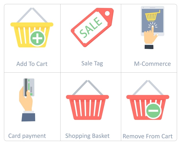 Un conjunto de 6 iconos de compras como tarjeta de pago de la canasta de compras quitar del carrito