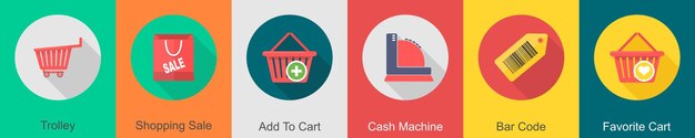 Un conjunto de 6 iconos de compras como tienda de compras de carretilla añadir al carrito