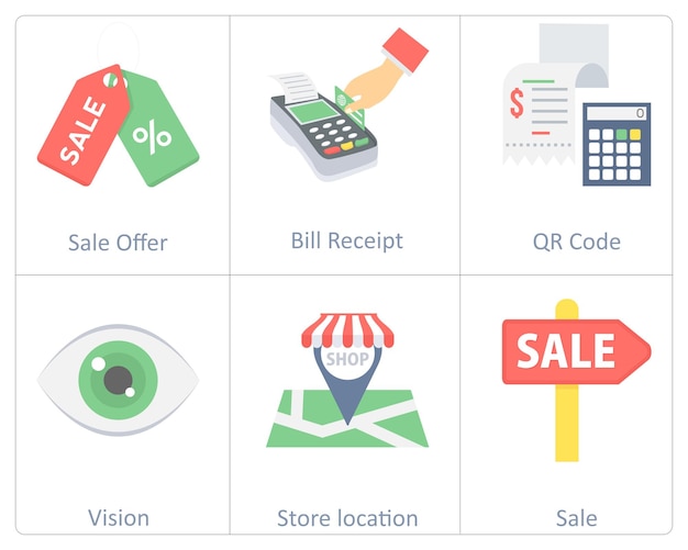 Un conjunto de 6 iconos de compras como ubicación de venta de la tienda de visión